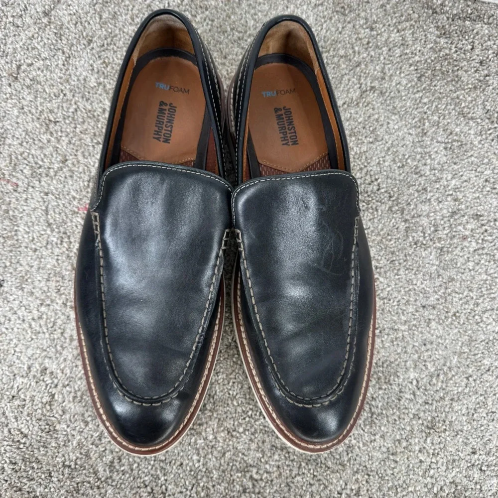 Johnston & Murphy McGuffey Black Leather TRUFOAM Slip On Loafers Mens 11.5M